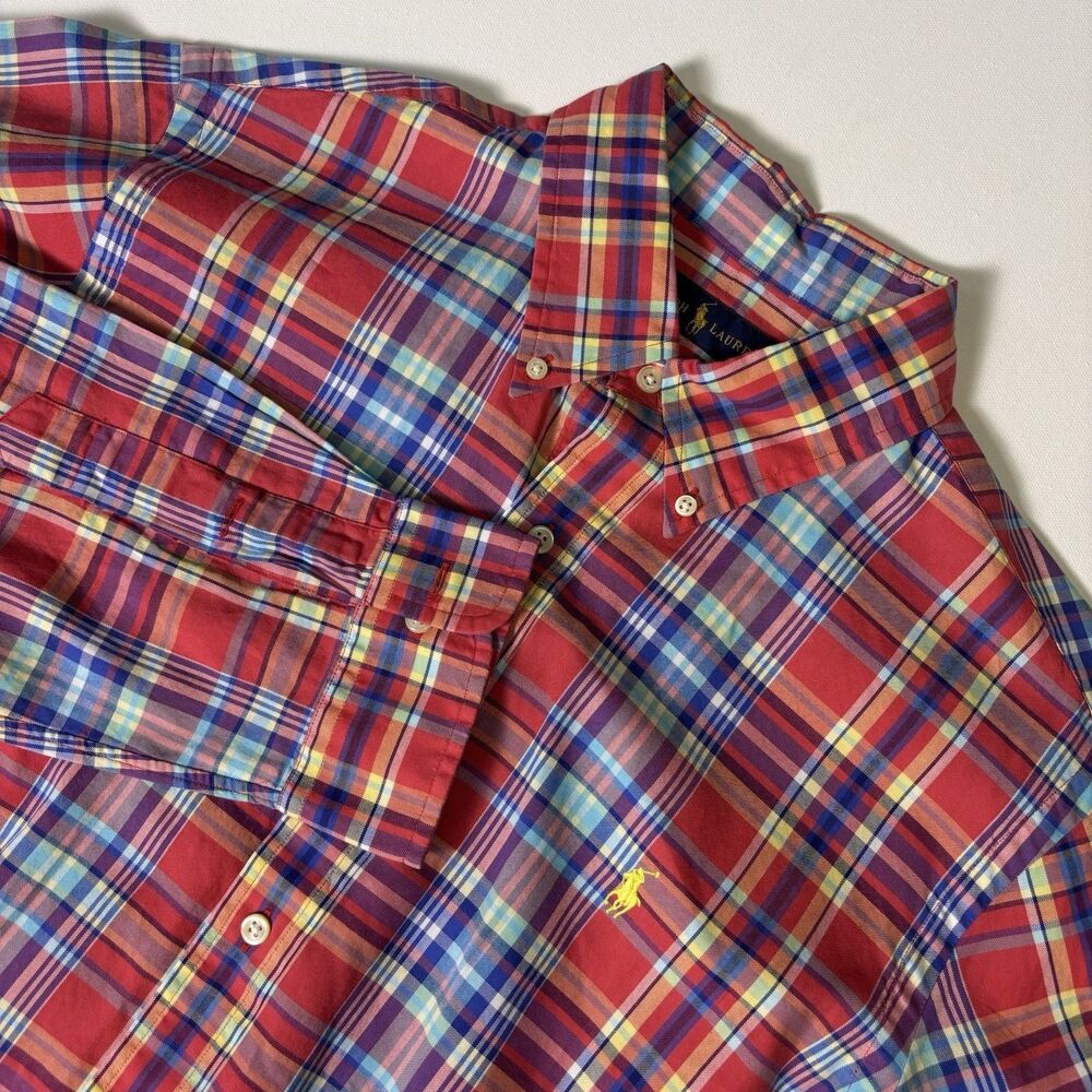 Ralph Lauren Plaid Button Down Shirt Men's Large Red Multicolor Cotton Pony Logo